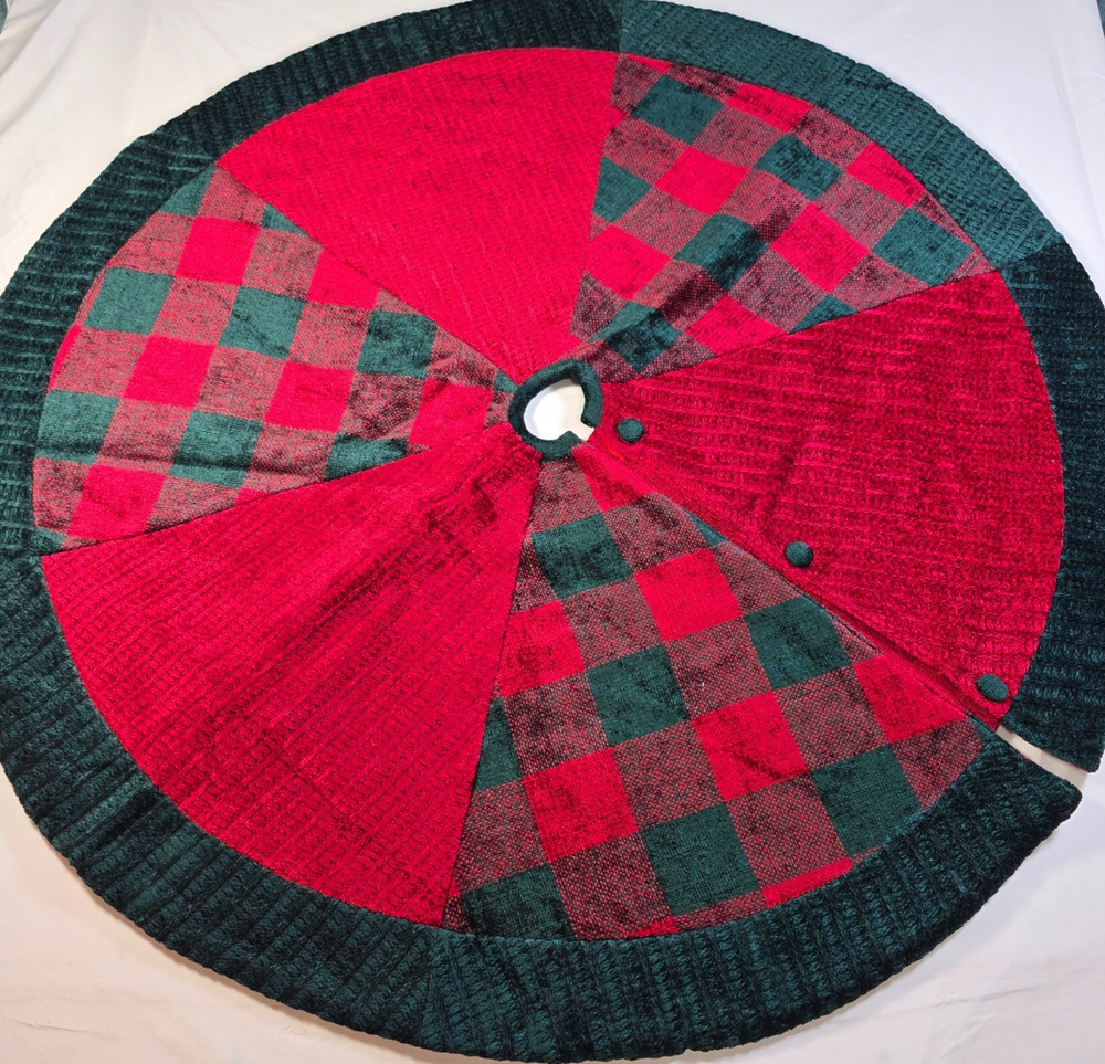 Vintage 2002 Prima Creations Christmas Tree Skirt 42" Red Green Chenille Velvet